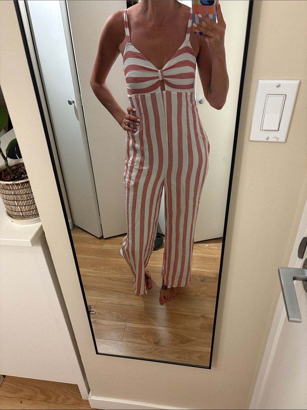 Lira Red and White Striped Sleeveless Jumpsuit